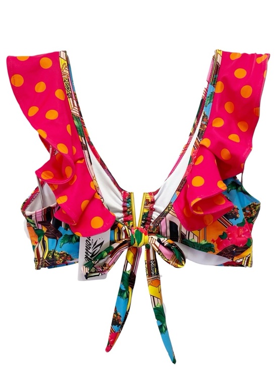 NWT Sporlike Tropical Town Print Bikini Set Ruffle Top High Waist Bottom Small - Picture 7 of 14